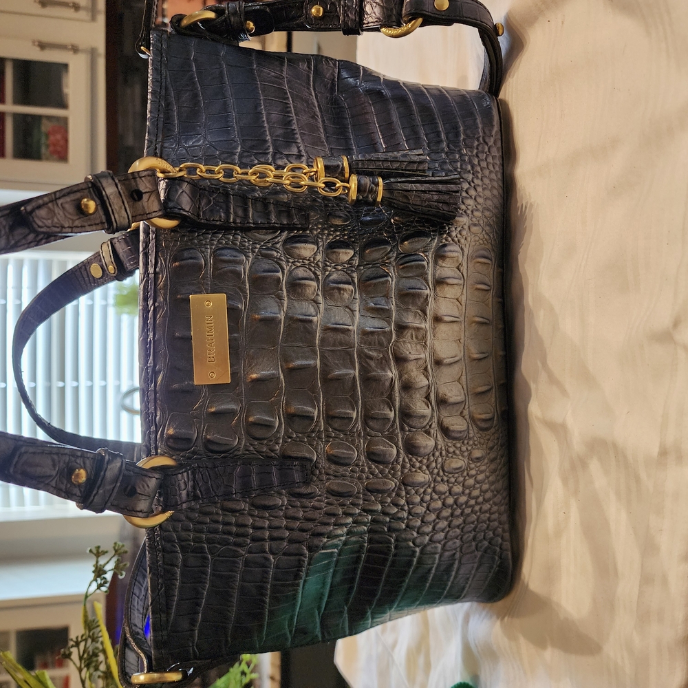 Brahmin Blue Satchel with Crocodile Texture and Gold Hardware